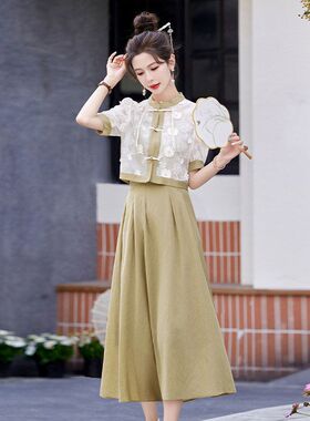 纱料连衣裙女夏季2025新款新中式国风时尚气质百搭洋气短袖裙子