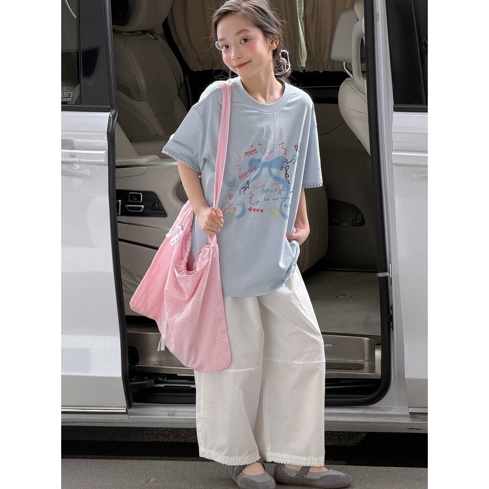 商场品牌女童夏季洋气时髦短袖T恤套装中大童女孩韩系休闲t儿童夏