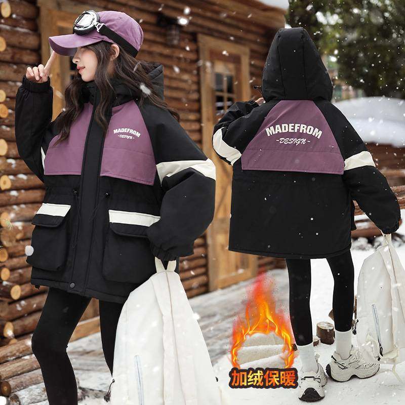 商场品牌女童冬装撞色棉衣2025新款儿童冬季冲锋衣中大童加厚绒毛