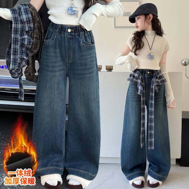 商场品牌女童牛仔裤秋冬装2025新款洋气儿童时髦屁帘阔腿裤女大童