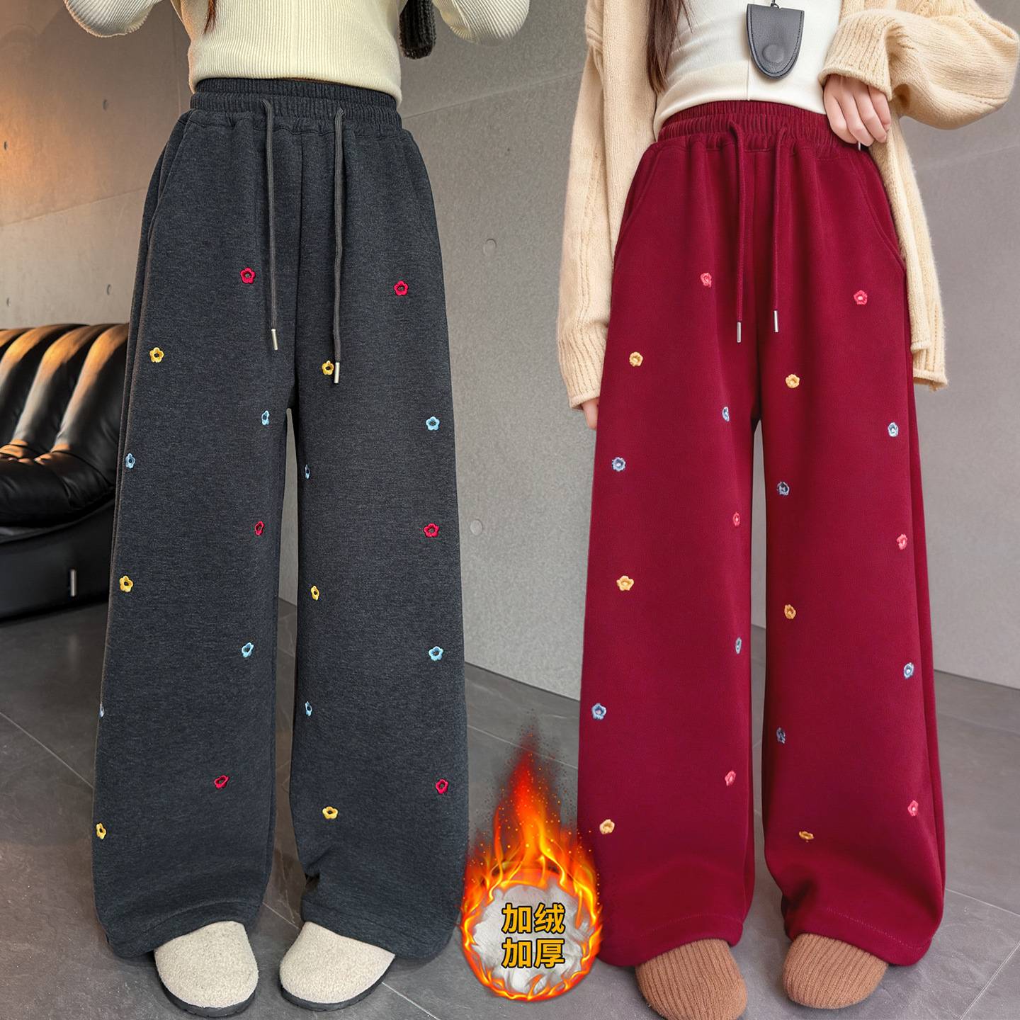 商场品牌女童裤子冬装阔腿裤2025新款儿童加绒加厚大童时髦一体绒