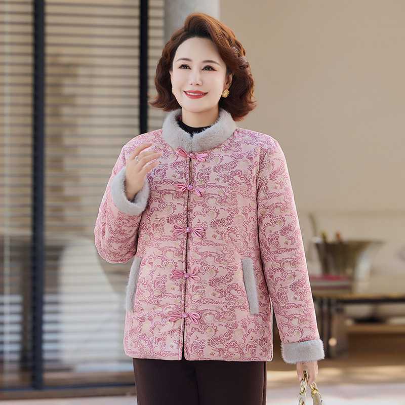 专柜品牌妈妈加绒加厚棉服中年女装秋冬装短款棉衣中老年国风唐装