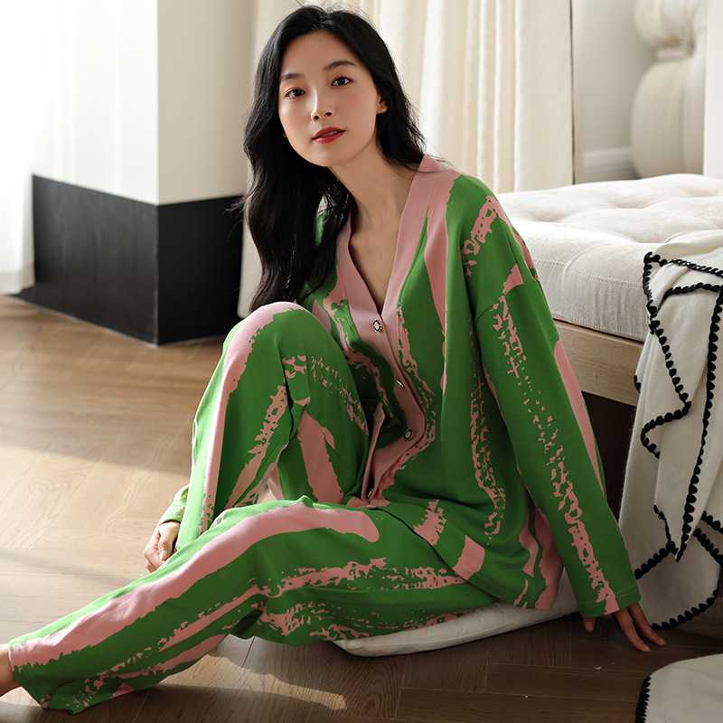 专柜品牌睡衣女士春秋款秋季纯棉长袖家居服时尚全棉绿色高级感可