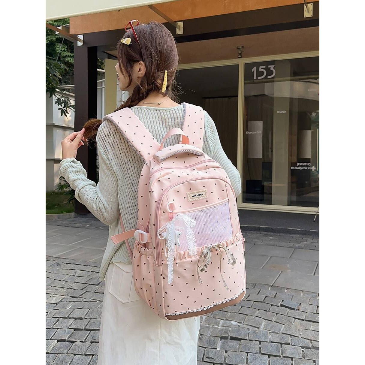 专柜品牌蜜桃粉波点满印学院风少女氛围感背包学院风中小学生3-5