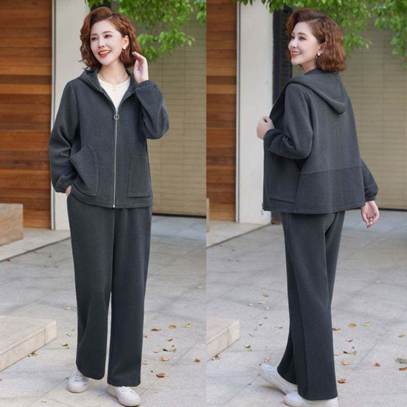 商场品牌妈妈春装时尚新款休闲运动套装中老年女春秋洋气大码连帽