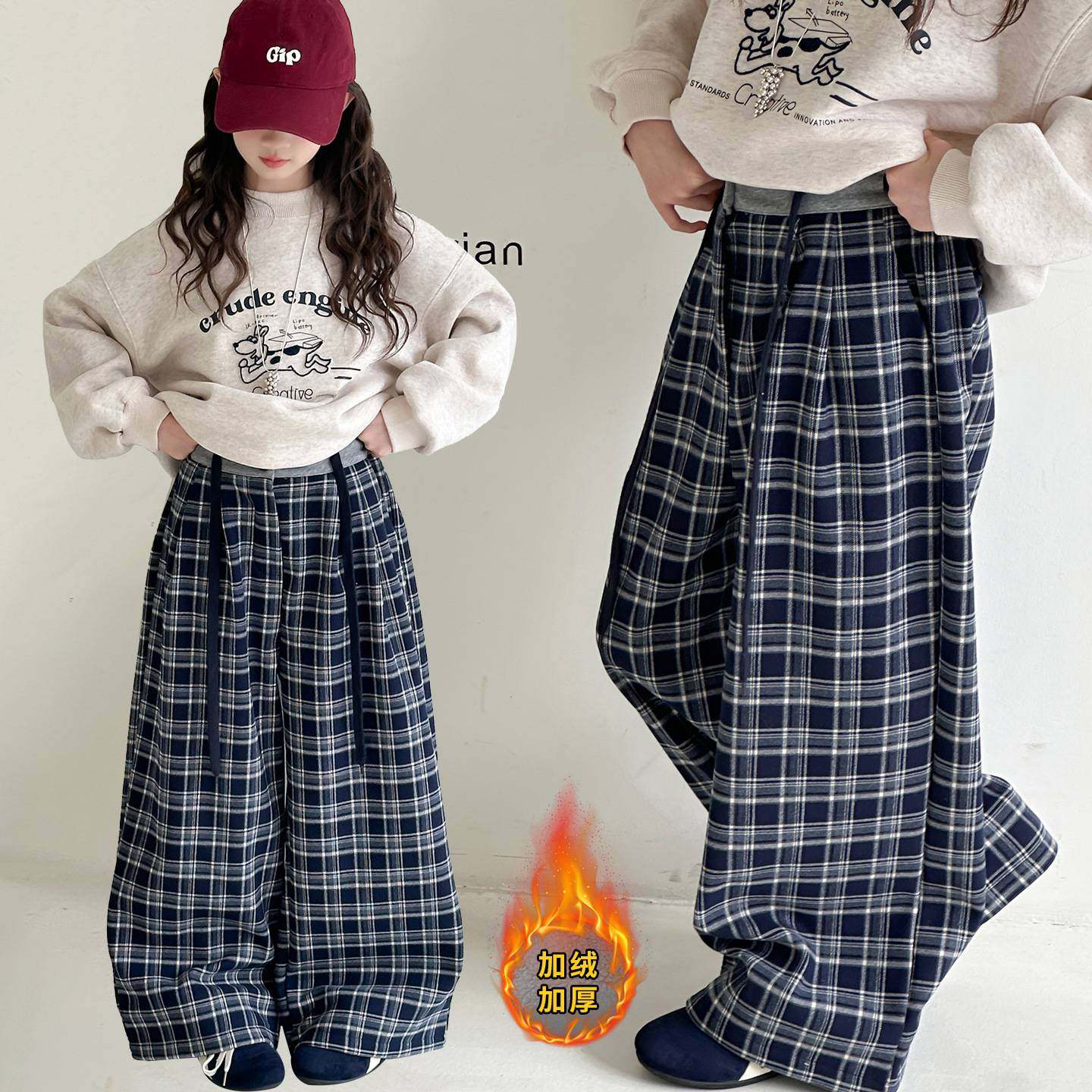 商场品牌女童秋冬加绒格子裤2025新款儿童韩系大童加厚保暖直筒阔