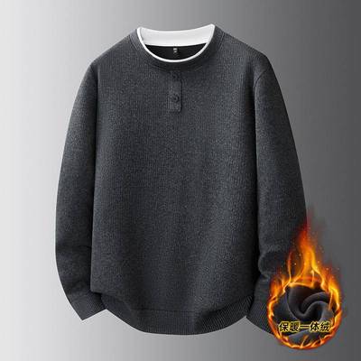 商场品牌2025冬季新款男士加肥加大码保暖加厚针织衫假两件加绒打