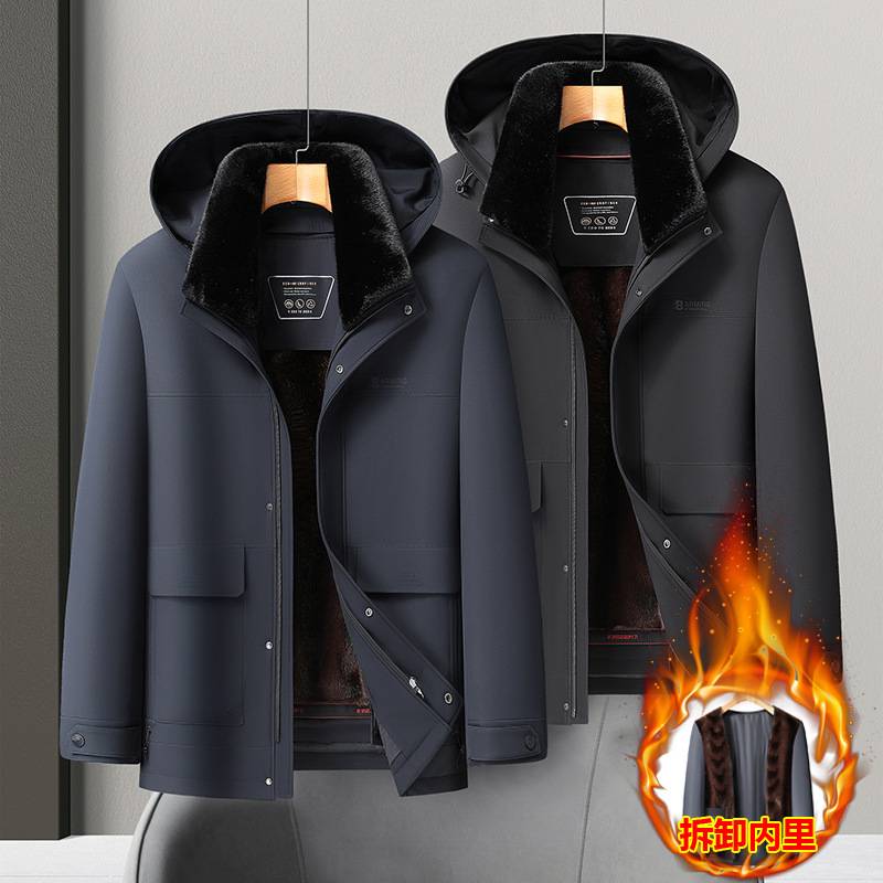 商场品牌2025年冬季新款男士加肥加大码连帽棉衣保暖加厚脱卸内胆