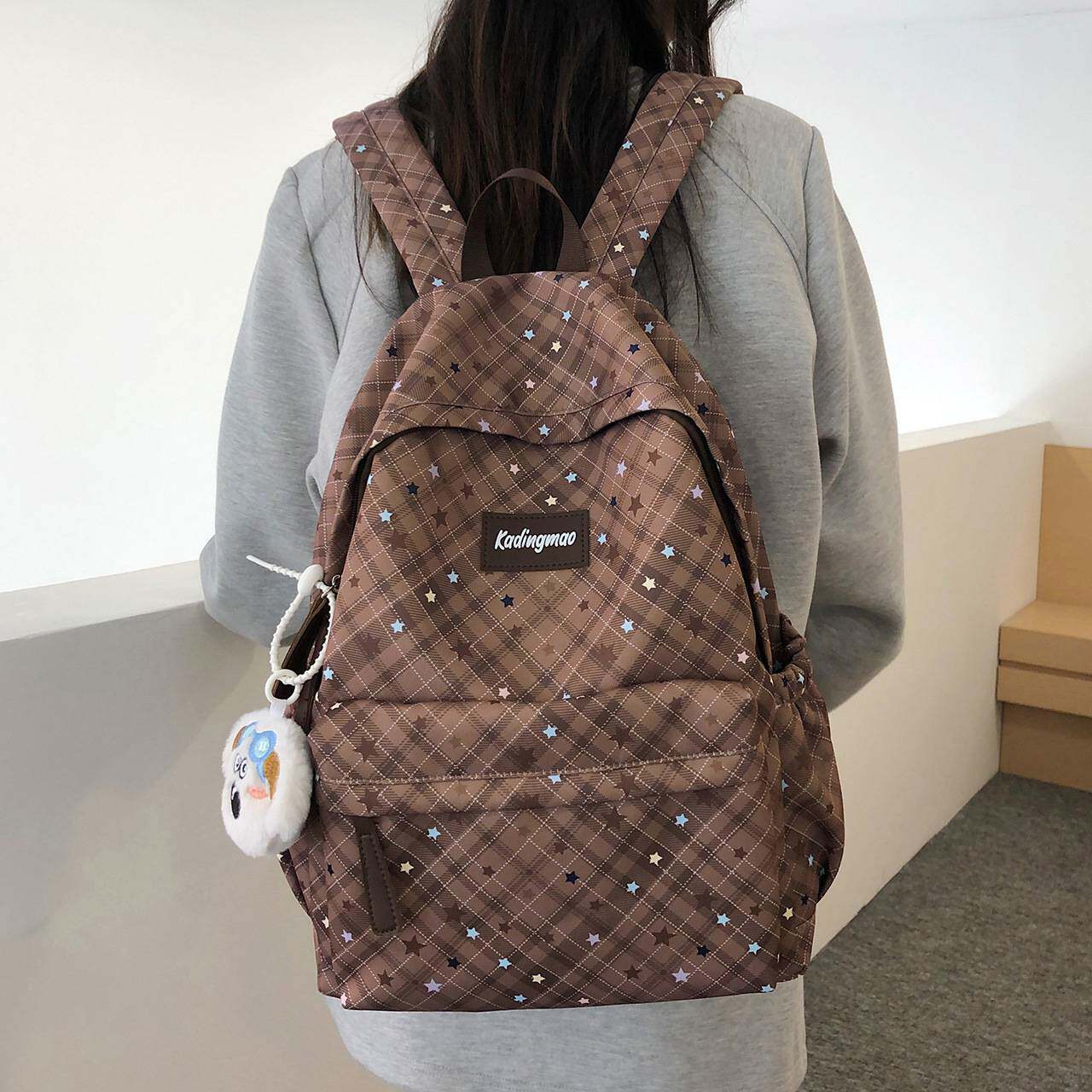 商场品牌韩版初中生书包女高颜值ins风格纹大容量女大学生上课通
