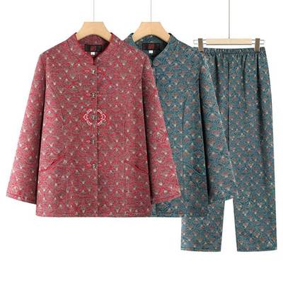 老人秋装长袖套装女妈妈国风刺绣薄款开衫60岁奶奶上衣裤子两件套