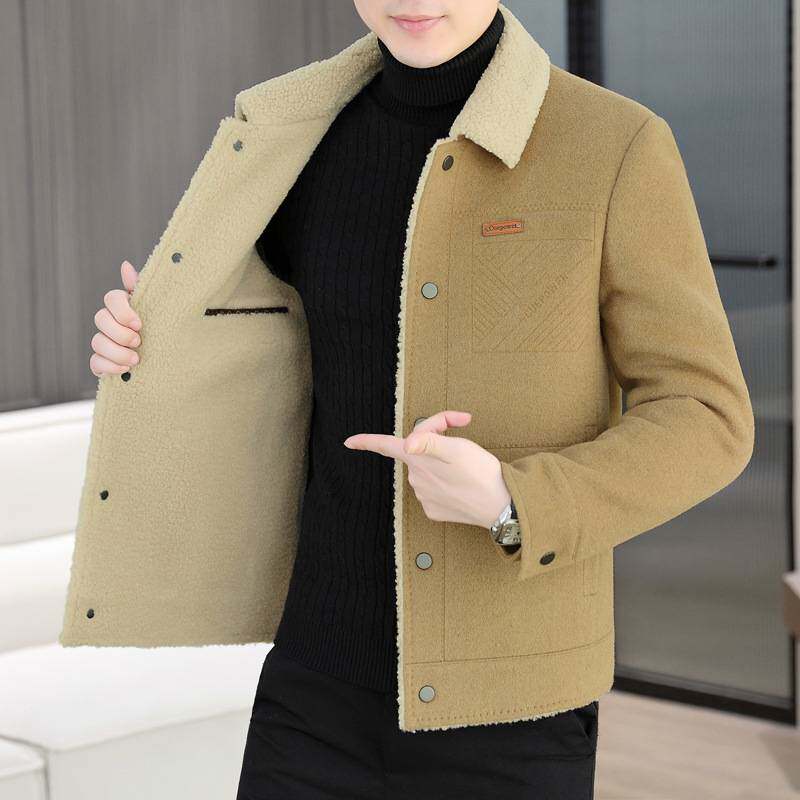 商场品牌羊毛呢外套男秋冬季羽绒内胆加厚夹克男士冬装羊羔毛短款