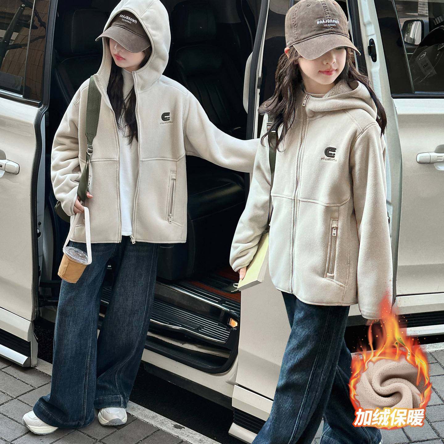 商场品牌女大童秋冬保暖上衣2025新款儿童加绒卫衣开衫中大童校服