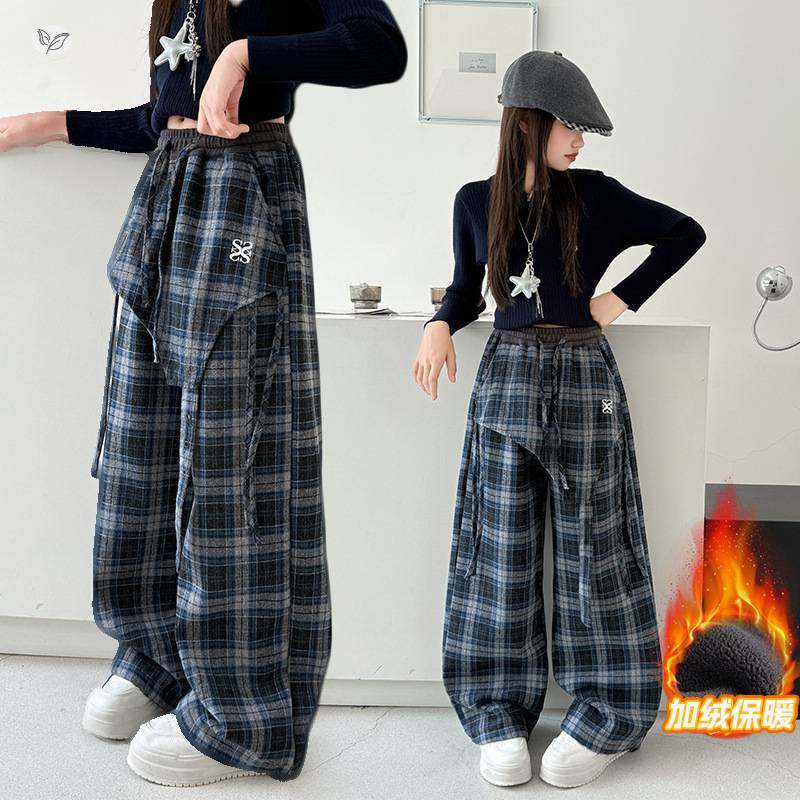 商场品牌女童休闲格子屁帘裤加绒2025年秋冬新款中大童腰口撞色阔