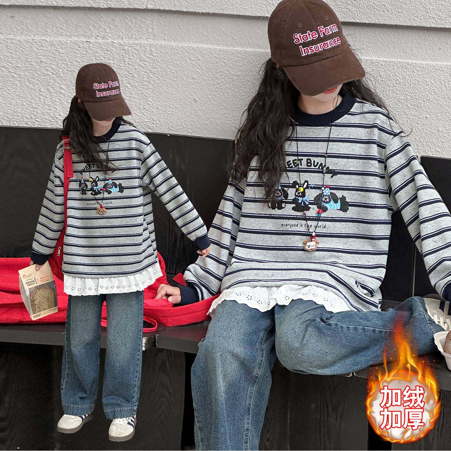 商场品牌女童秋冬加绒卫衣2025新款儿童拼接撞色条纹加厚一体绒打