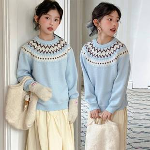 商场品牌费尔岛圆领套头毛衣女童冬韩系新款慵懒风高级感厚款宽松