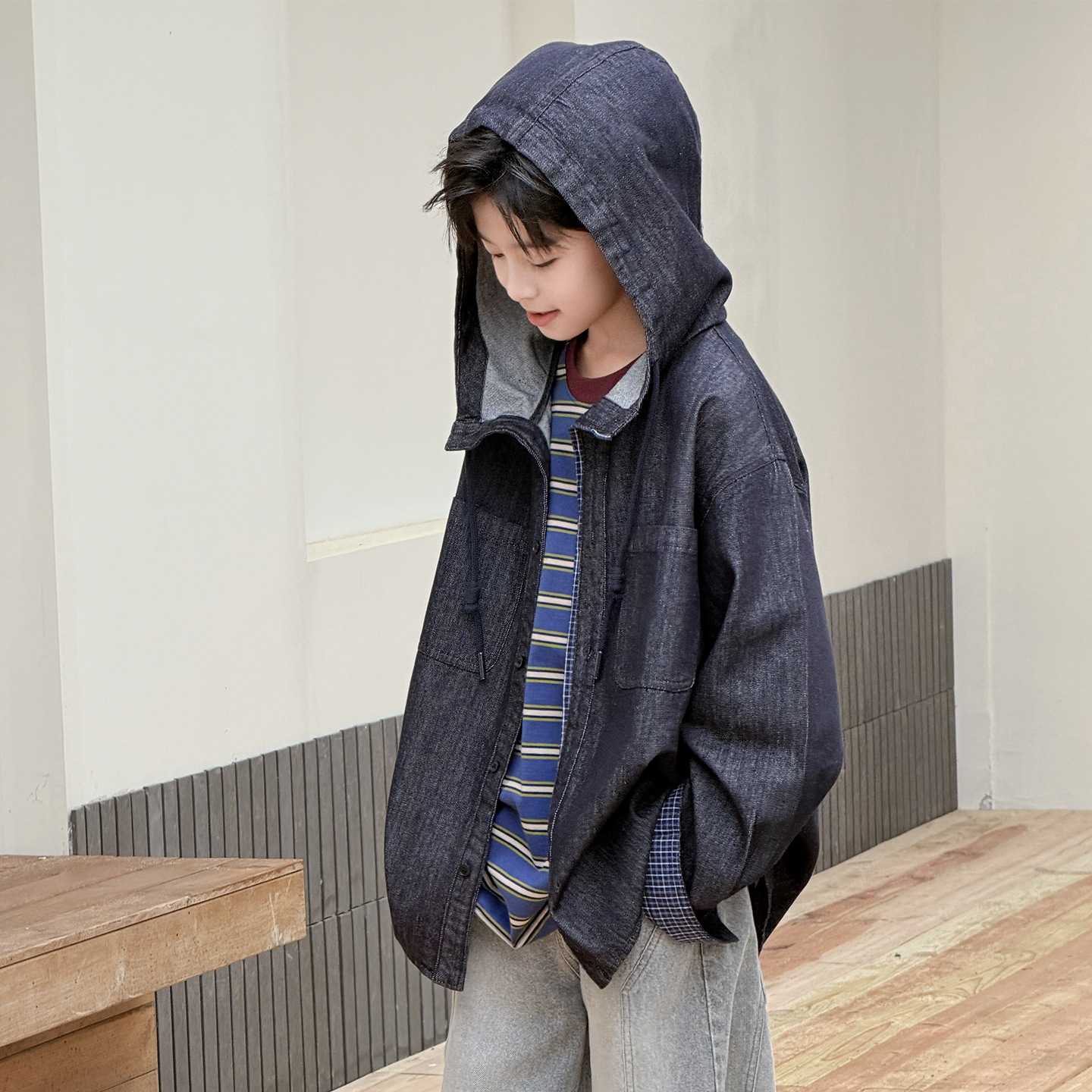 专柜品牌男童秋装牛仔外套超好看2026新款大儿童青少年春秋款帽衫