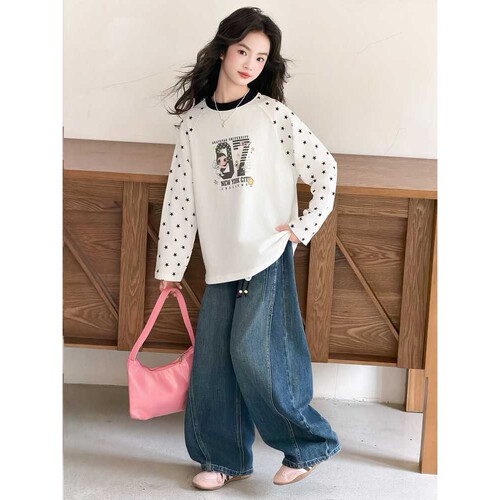 专柜品牌女童秋季套装2026新款洋气9儿童春秋长袖T恤大童牛仔阔腿