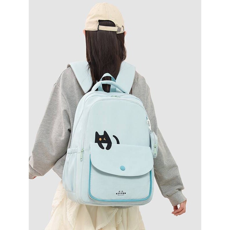 专柜品牌薄霜天空蓝翻盖黑猫印花设计双肩包学生党甜妹清冷感上课