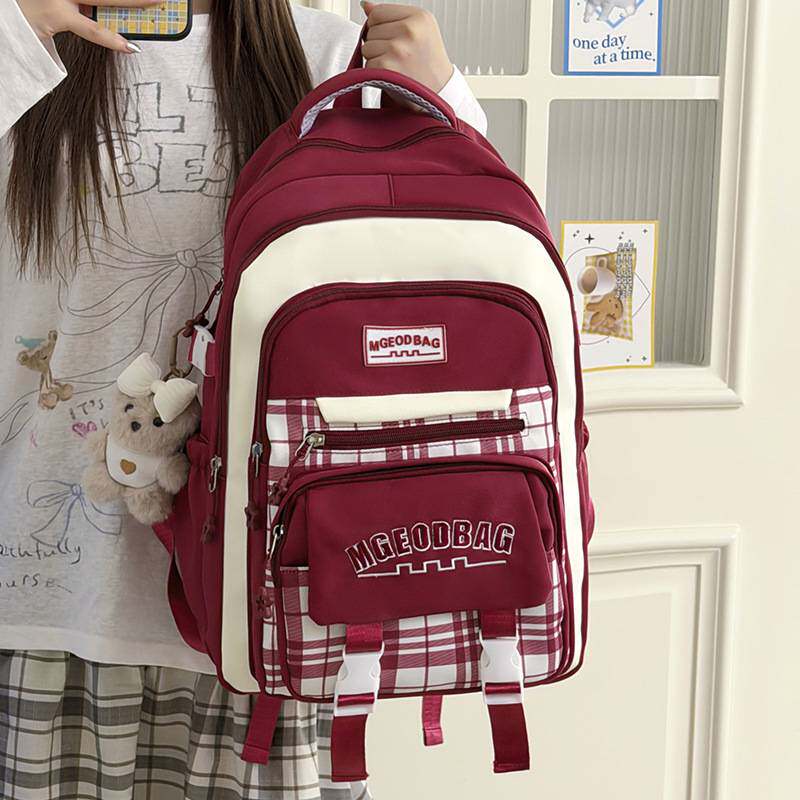 商场品牌韩版小学生书包护脊3-6年级格子撞色学院风高颜值多隔层
