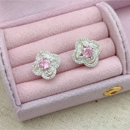 专柜品牌樱花粉满锆叠层四叶花耳钉项链甜美优雅日常通勤耳环轻奢