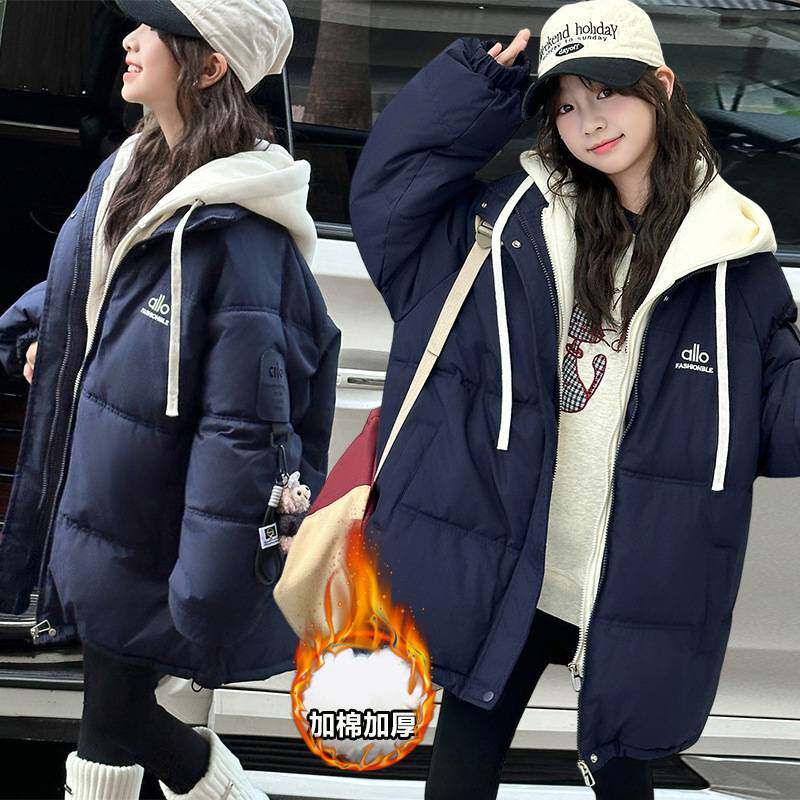 商场品牌女童棉衣冬装假两件加厚棉袄2025新款儿童冬季保暖中长款