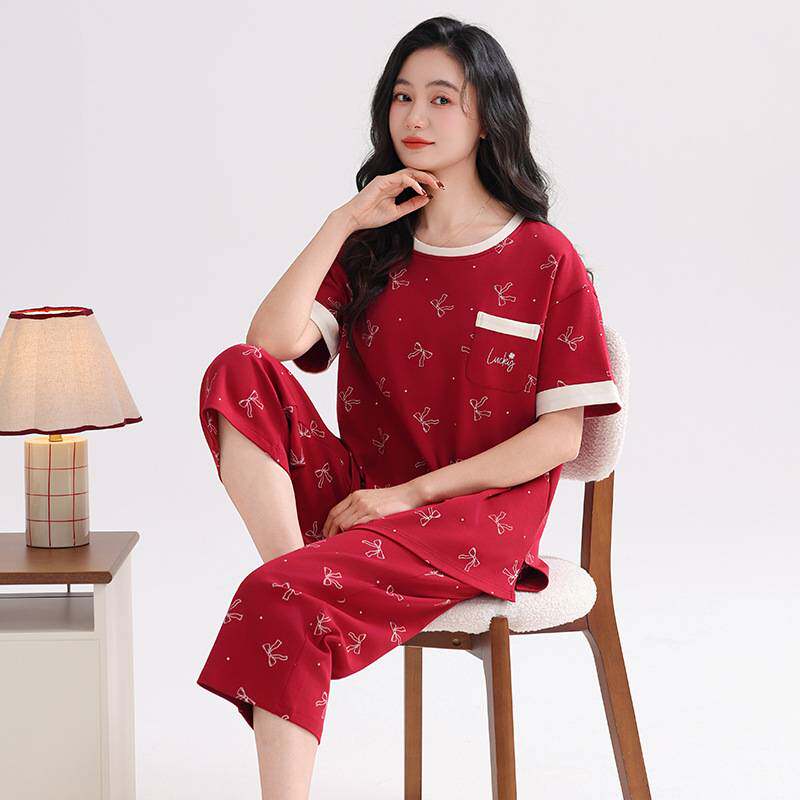 商场品牌带胸垫睡衣女款2026新款夏季纯棉短袖七分裤薄款大码酒红
