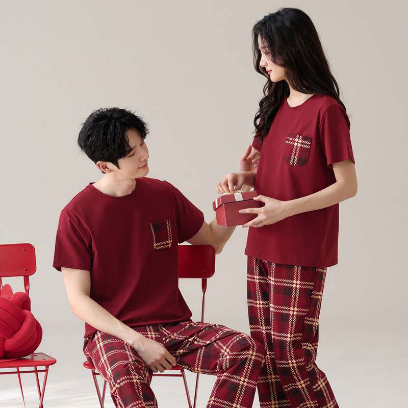 商场品牌莱卡棉睡衣情侣夏季短袖薄款时尚格子红色结婚新婚家居服