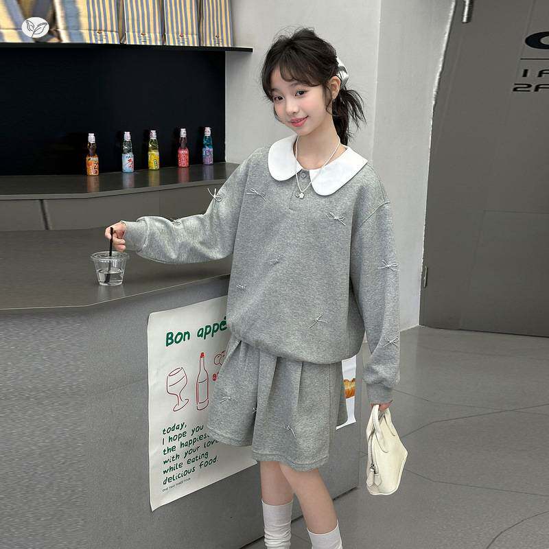 商场品牌女童甜美娃娃领套装春夏2026新款中大童蝴蝶结卫衣裙裤两