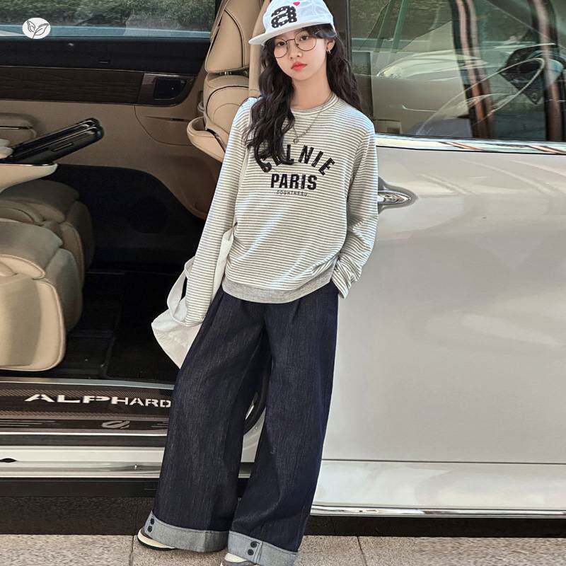 商场品牌女童条纹T恤套装2026年春季新款休闲长袖上衣阔腿裤两件