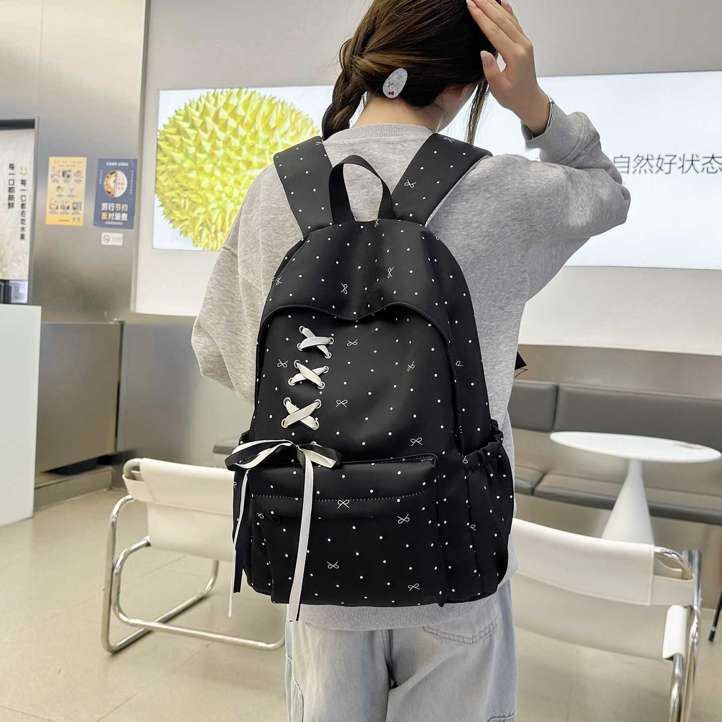 专柜品牌高颜值波点少女学生书包女 蝴蝶结大容量ins校园轻便双肩
