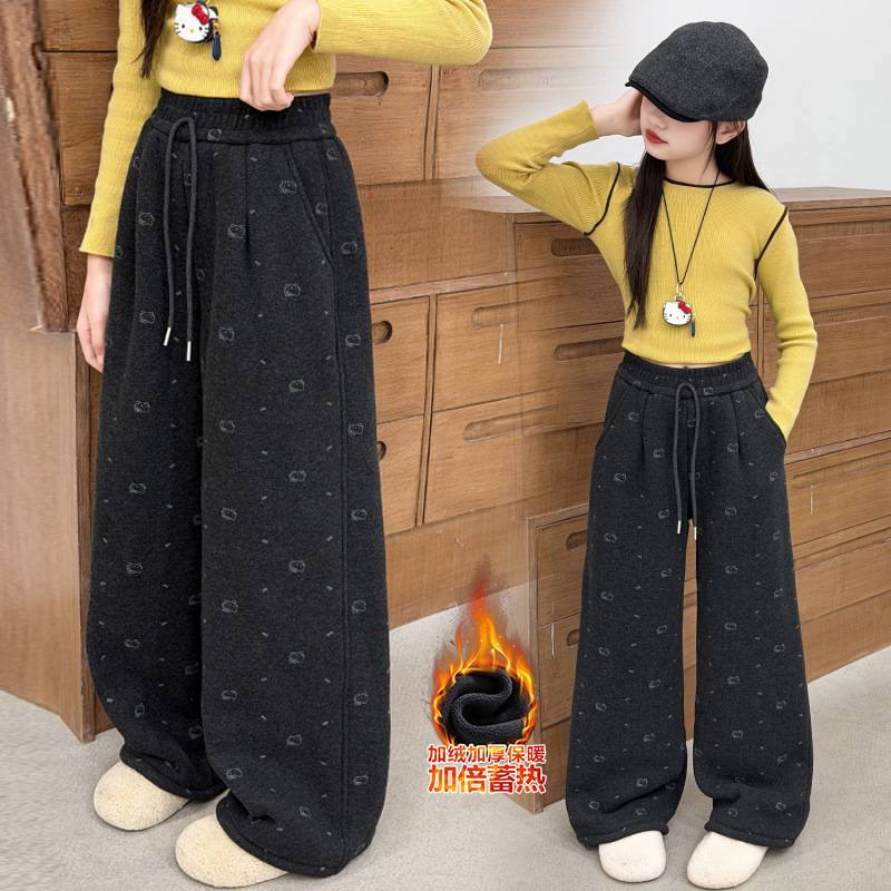 商场品牌美式印花慵懒风卫裤女童装2025秋冬加绒加厚高腰宽松阔腿