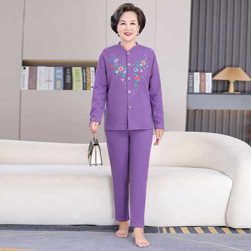 专柜品牌中老年女保暖内衣套装开衫衬衣花朵妈妈奶奶加绒加厚家居