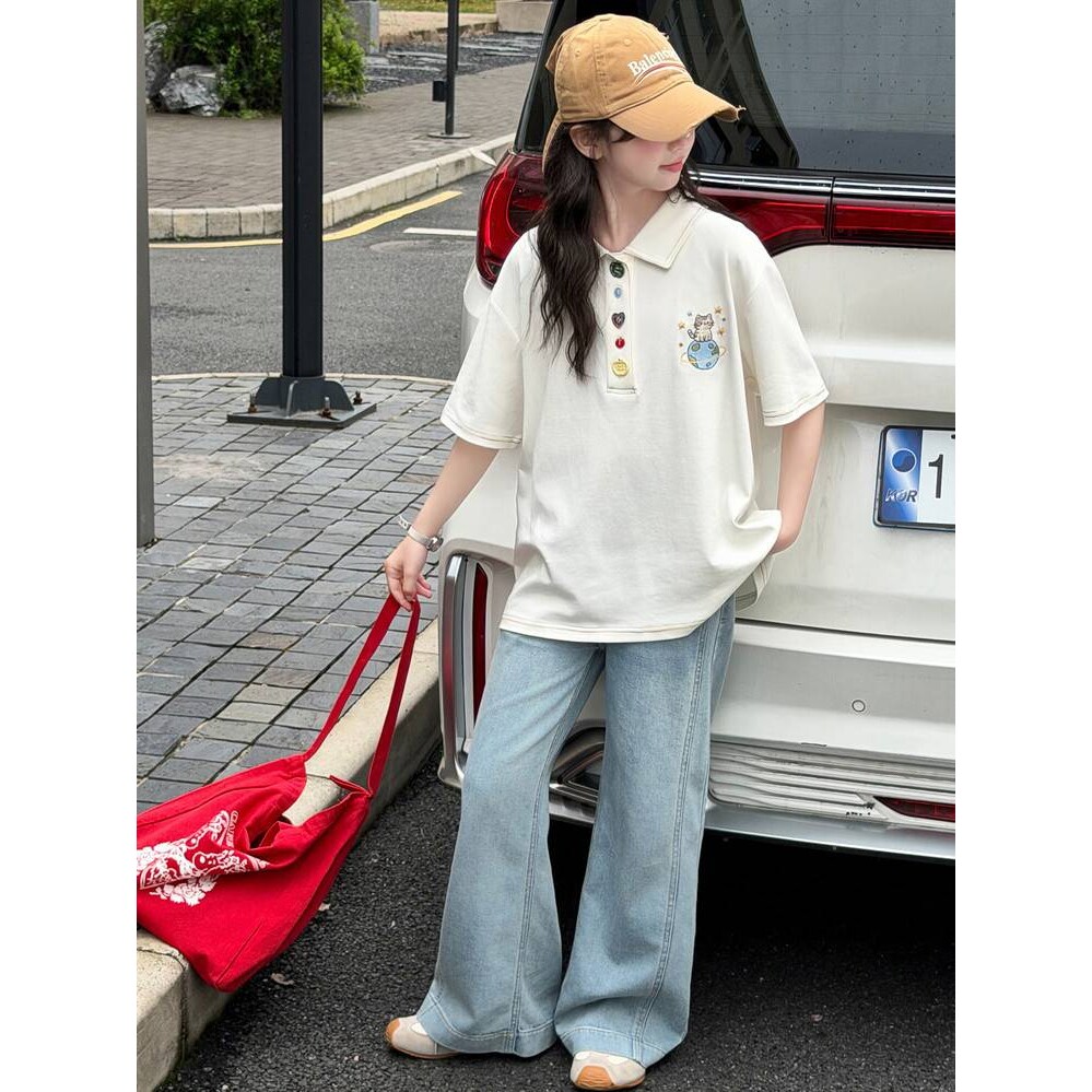 商场品牌女童短袖polo衫牛仔中裤套装2026新款夏装薄款中大儿童女