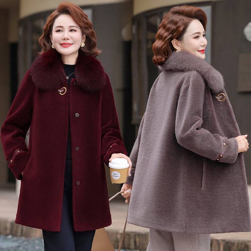 商场品牌中老年女装大衣女40岁50修身显瘦中长款毛领外套皮毛一体