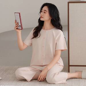 商场品牌睡衣女夏季薄款莫代尔短袖七分裤休闲时尚可外穿大码家居