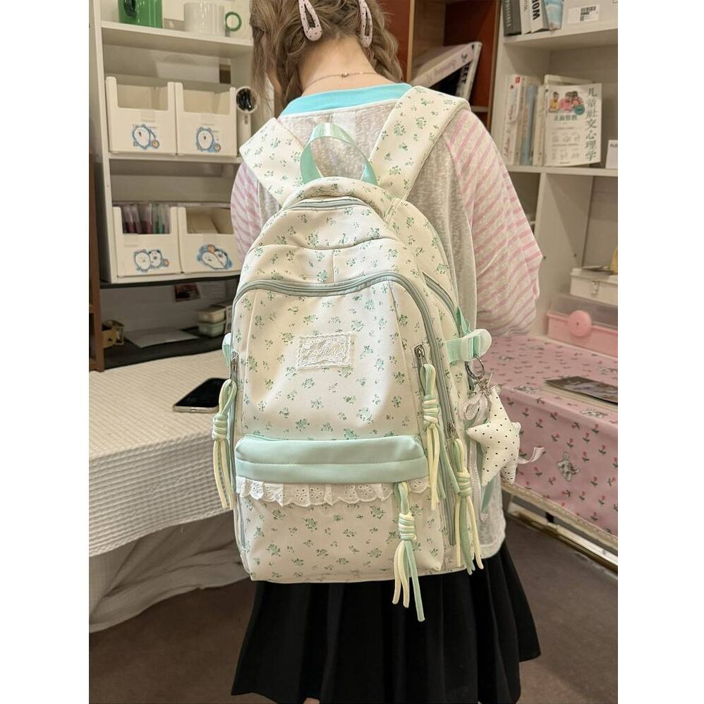 专柜品牌奶油风清新绿碎花拼色双肩背包森系软妹治愈系初高中学生