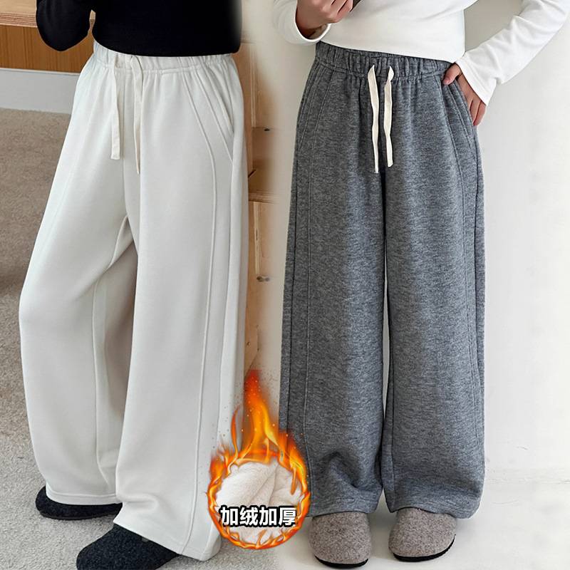 商场品牌学生女童裤子直筒秋冬休闲裤运动裤长裤灰色外穿羊绒加绒