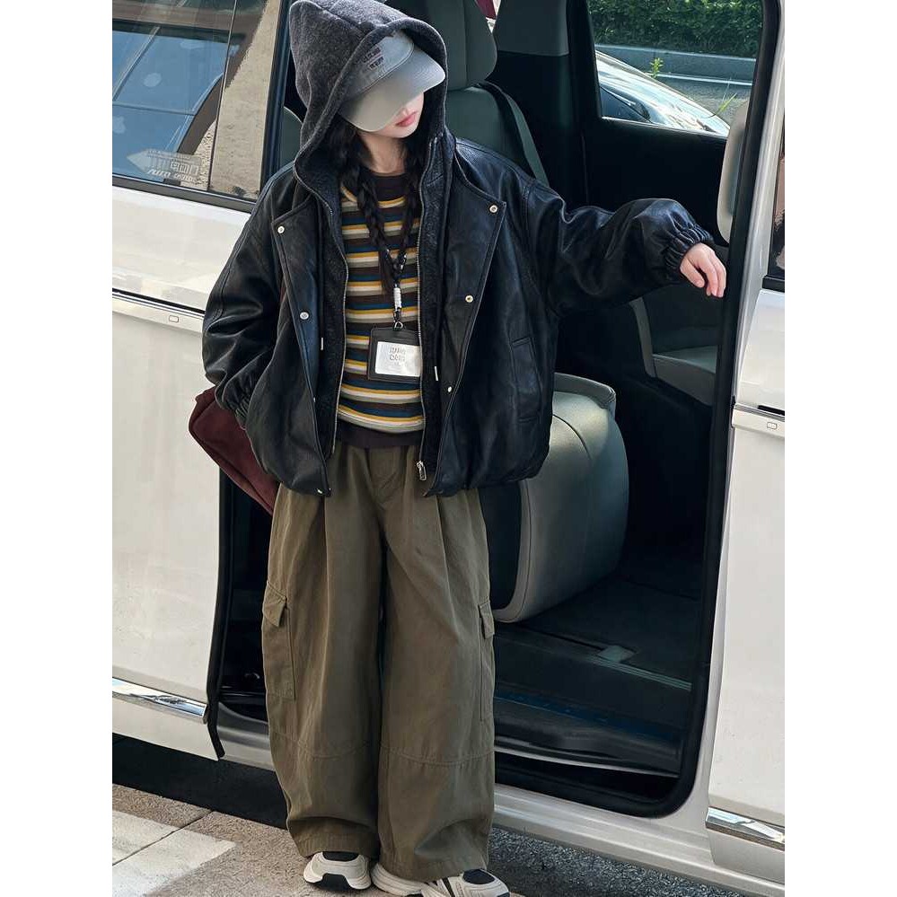 专柜品牌女童秋装外套2026新款初中生大童洋气假两件连帽皮衣女孩