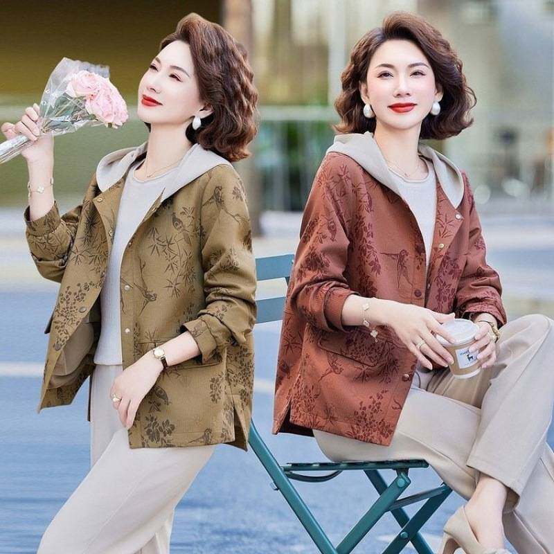 商场品牌妈妈春装时尚连帽夹克外套薄款百搭新款洋气中老年女装春