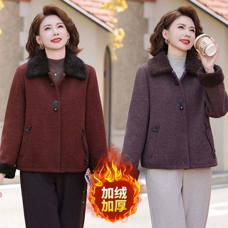 商场品牌妈妈外套秋冬季加绒加厚毛呢上衣中老年女装冬装保暖棉衣