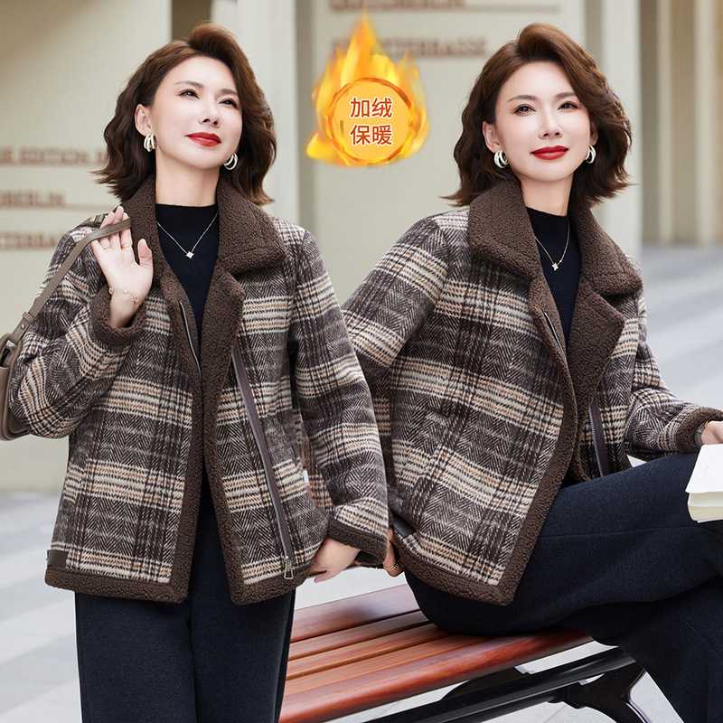 专柜品牌中老年女装格子加绒加厚毛呢子棉服中年妈妈秋冬装棉衣颗