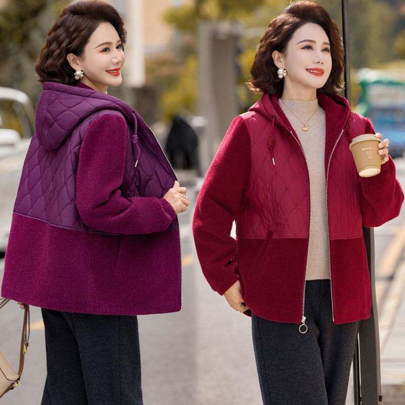 商场品牌新款妈妈秋冬装加绒外套中年女装棉衣拼接夹克中老年休闲