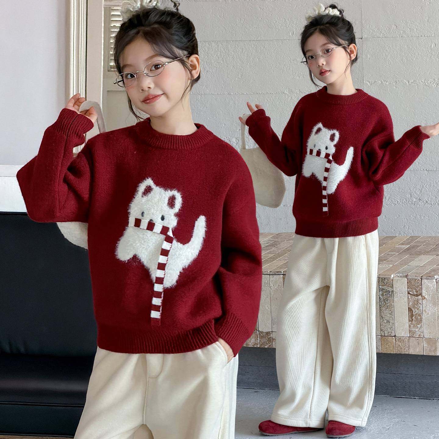 商场品牌女童年货毛衣2025新款儿童红色加厚安拉抗起球毛线衣针织