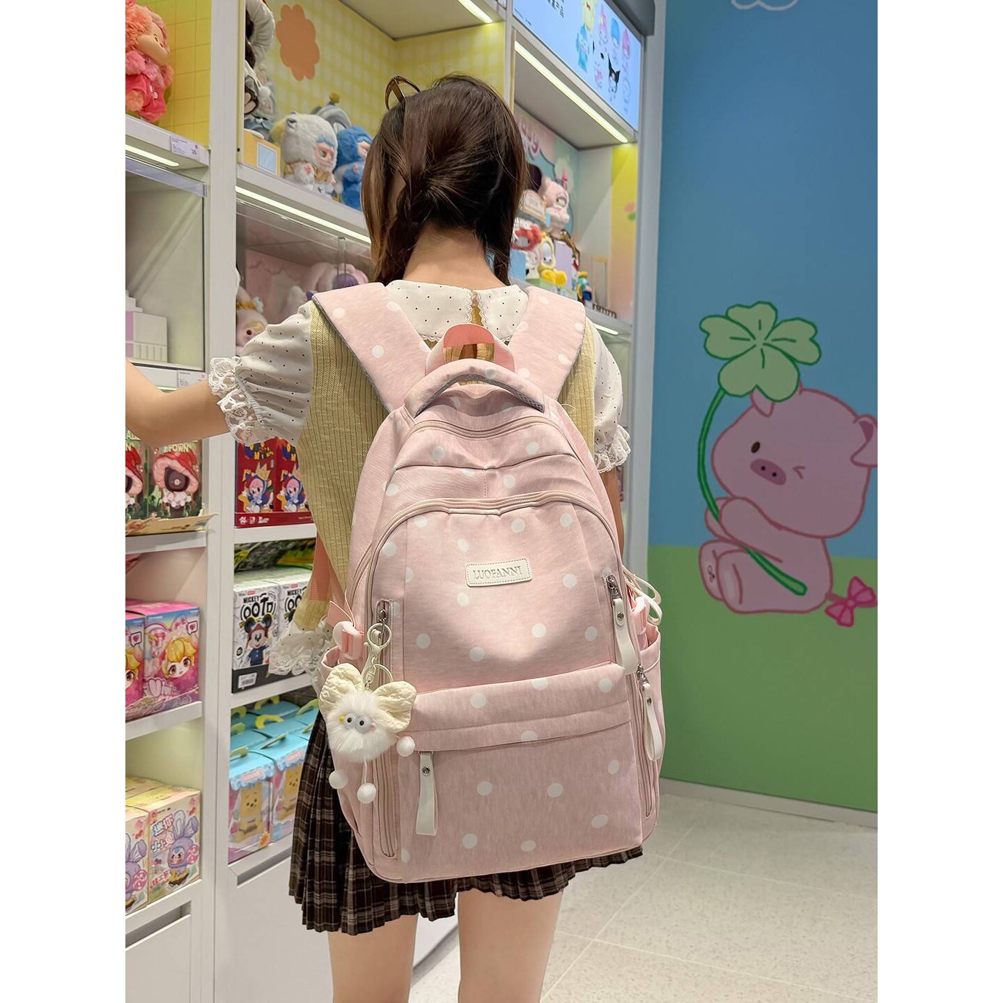 专柜品牌桃桃雾粉奶白波点学院风书包日系风少女甜美减龄感上课休