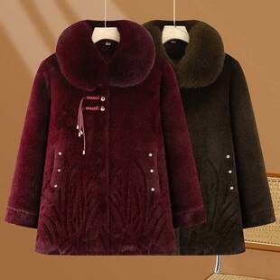 商场品牌中年冬天老人冬季外套女奶奶皮毛老太太秋冬加绒加厚大衣