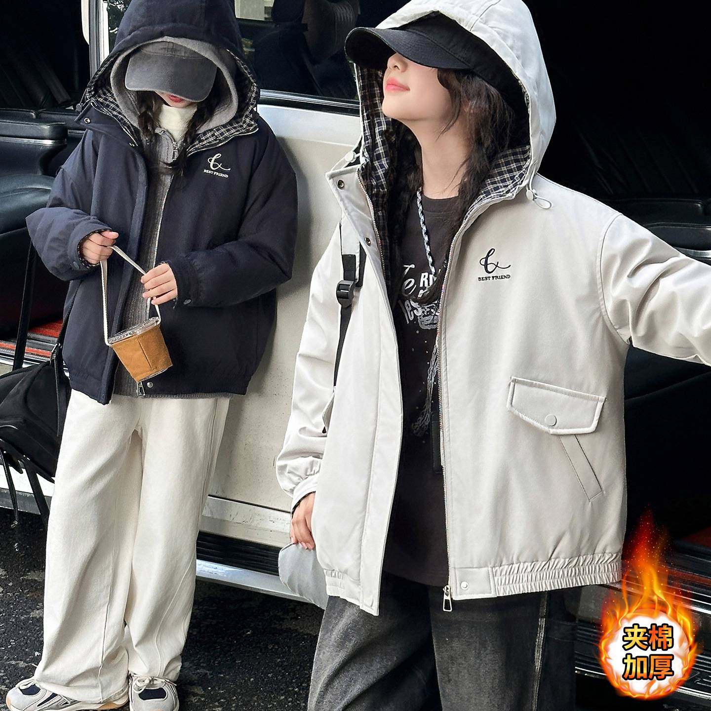 商场品牌女童秋冬夹棉加厚棉服2025新款儿童韩系大童时髦冬装棉衣