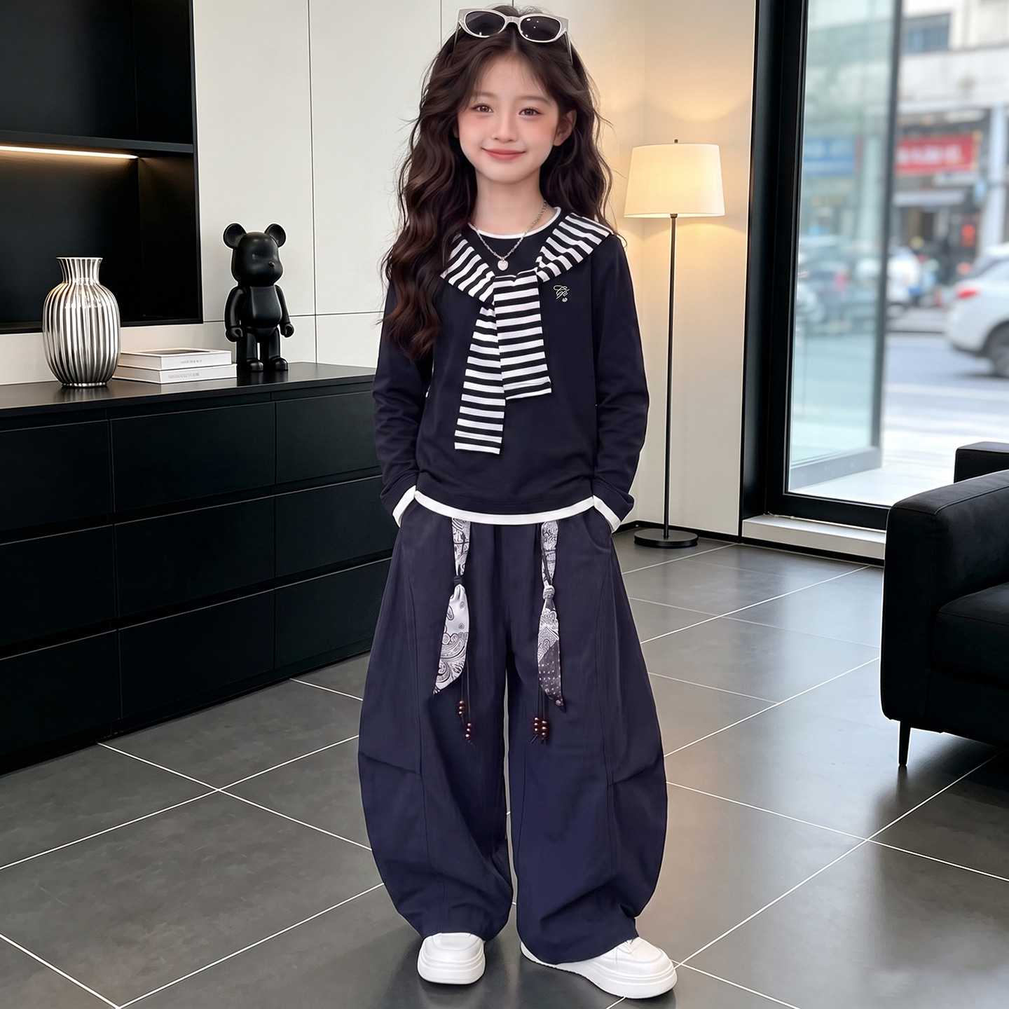 专柜品牌女童条纹披肩打底衫阔腿裤两件套中大童春秋新款时尚休闲