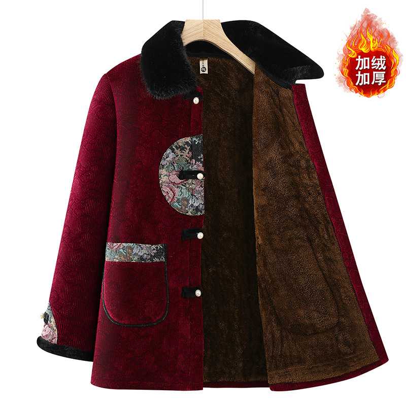 专柜品牌中年妈妈秋冬装加绒加厚棉衣奶奶唐装棉服中老年人女冬季