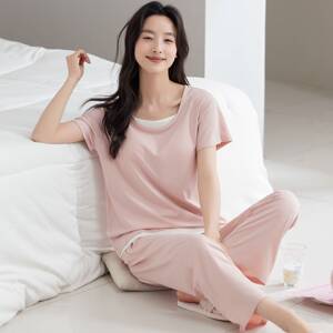商场品牌2026新款天丝莫代尔防凸点家居服女夏季薄款宽松圆领带胸