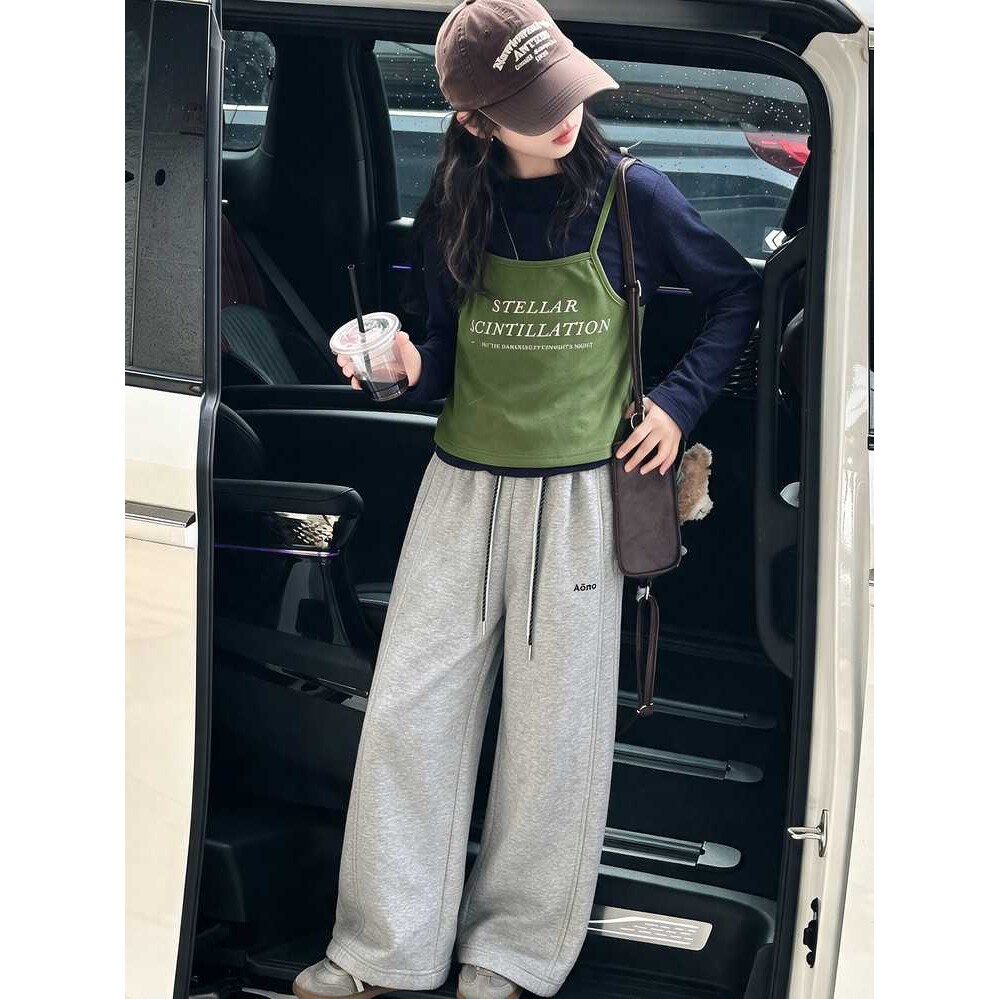 专柜品牌女童套装春秋款2026新款儿童时髦女大童假两件打底衫卫裤